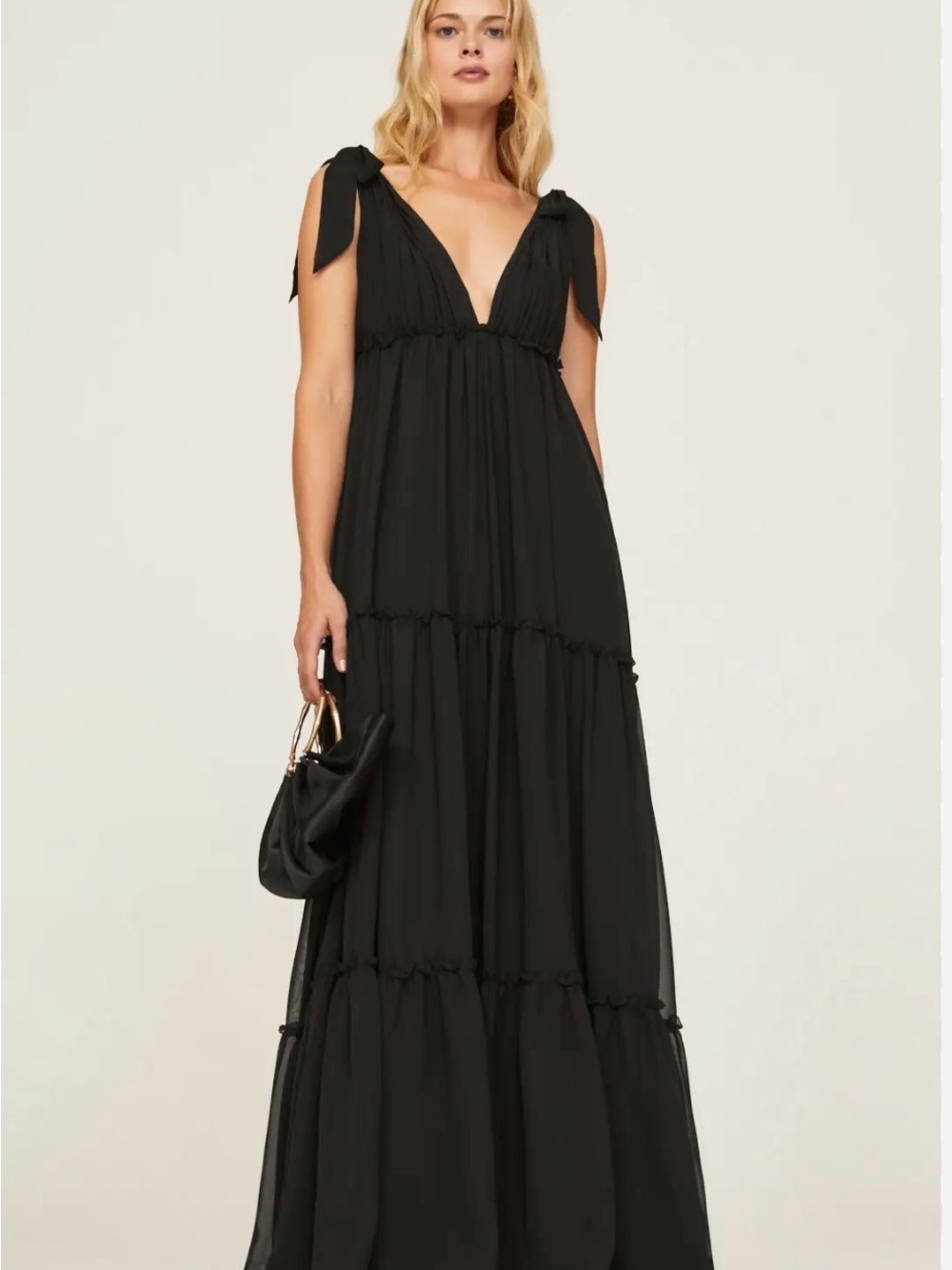 Tie-Shoulder Black Maxi Dress with Deep V-Neck